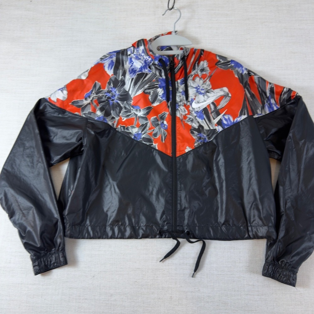Nike Sportswear Womens S Floral Cropped Windrunner Jacket Black Red Hooded - Picture 2 of 11